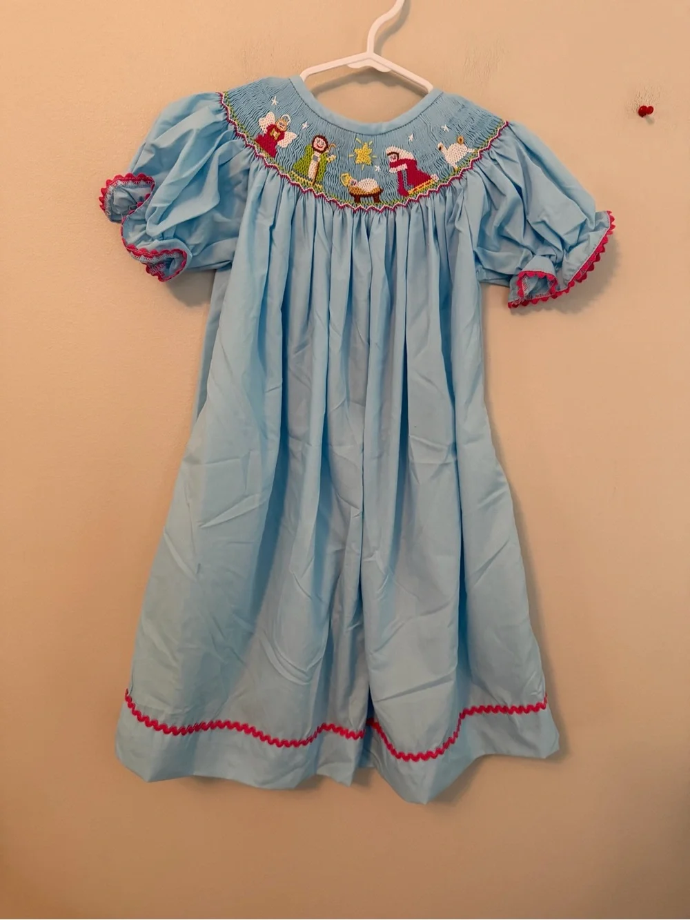 Children's Light Blue Smocked Nativity Dress with Pink Trim